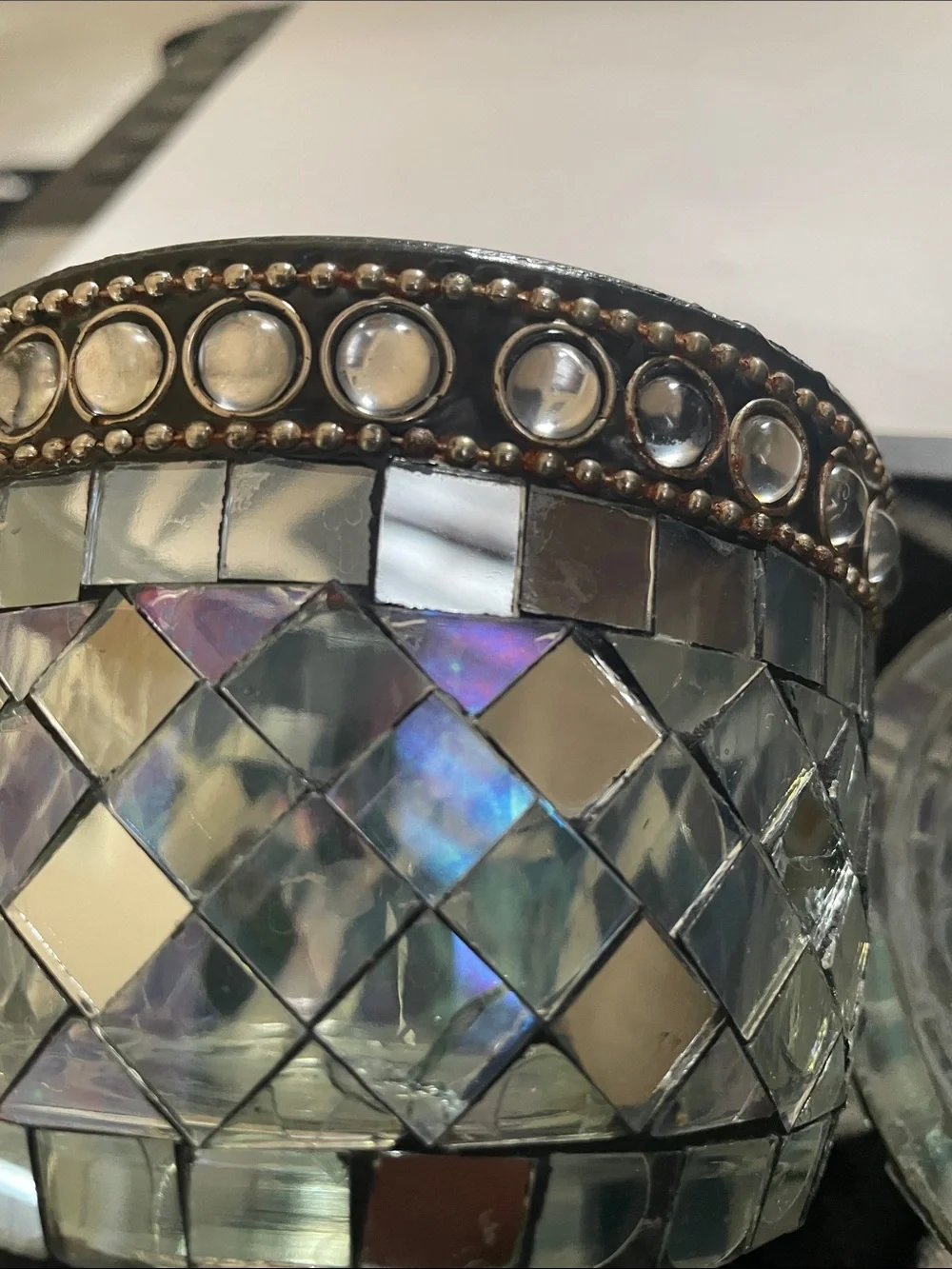 Iridescent Mosaic Glass Jewelry Trinket Box with Lid - Multi-color/Silver